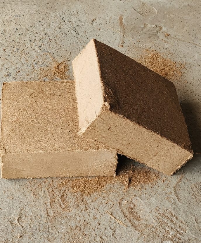 Buffered coco peat 5 kg compressed block close-up, calcium nitrate treated