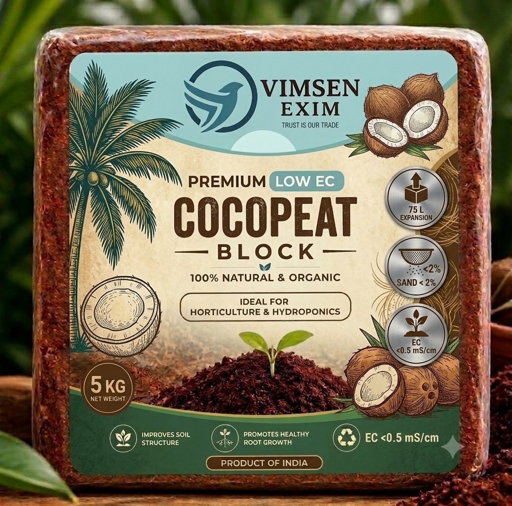 Vimsen Exim washed low EC coco peat 5 kg block, product of India